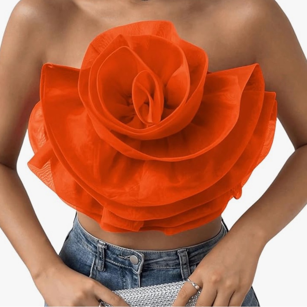LIKE NEW ORANGE ROSE Flower Front Crop Tube Top Strapless Solid Sheer Floral Top